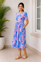 Capri Feeding Wear with Puff Sleeve Pink Blue Dyed