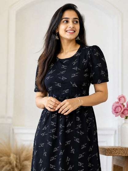Capri Feeding Wear with Puff Sleeve Black Rocket