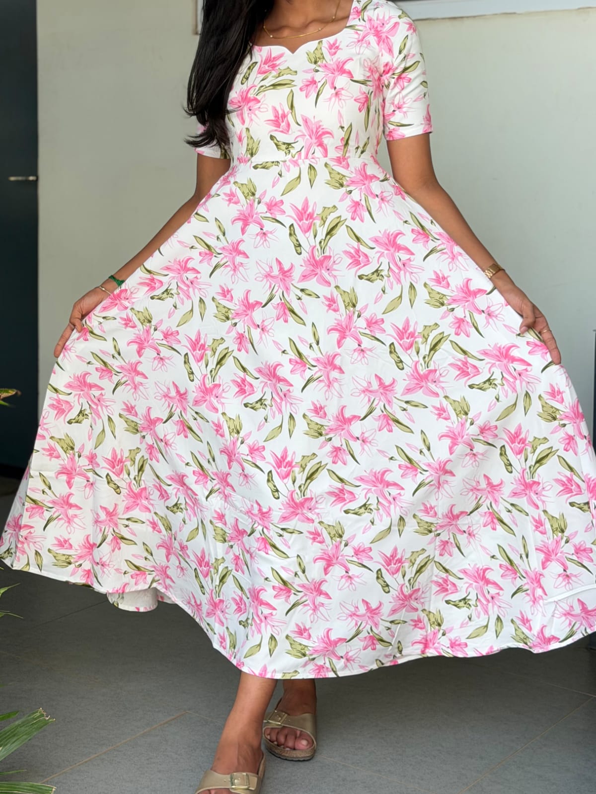 Pink Lily Floral Maxi Dress for women | Floral Cotton Maxi Dresses | LCMP 056