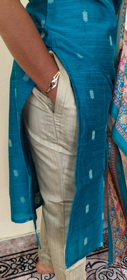 Teal Blue Kurta Set with Kalamkari Floral Dupatta 3Pcs set |G - 001