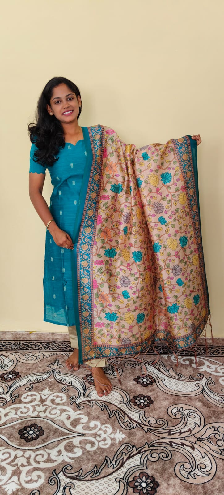 Teal Blue Kurta Set with Kalamkari Floral Dupatta 3Pcs set |G - 001
