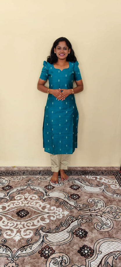 Teal Blue Kurta Set with Kalamkari Floral Dupatta 3Pcs set |G - 001