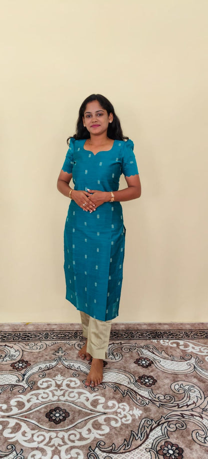 Teal Blue Kurta Set with Kalamkari Floral Dupatta 3Pcs set |G - 001