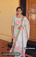 Pastel Mint Lotus Bloom  Salwar Set with Zari Border Dupatta 3 pcs set | G - 021
