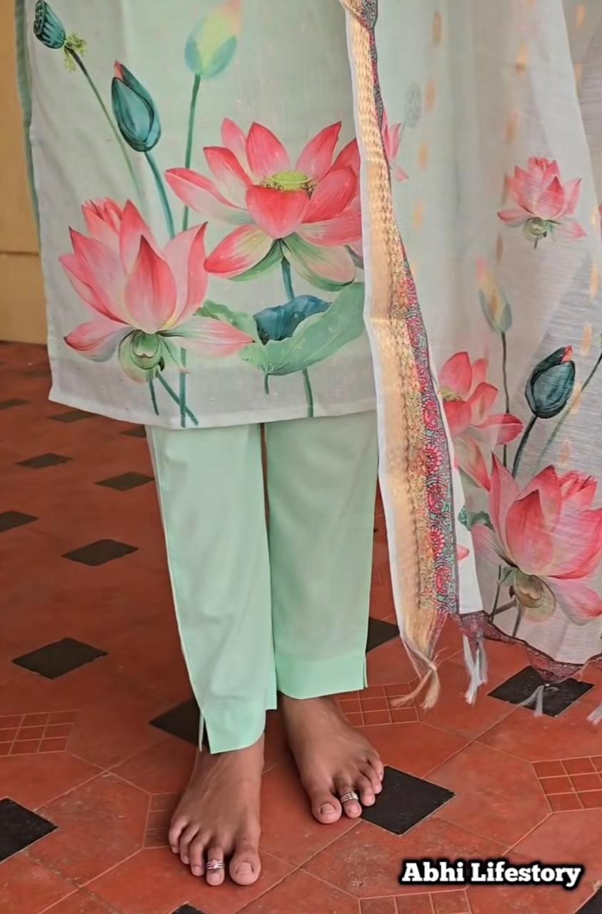 Pastel Mint Lotus Bloom  Salwar Set with Zari Border Dupatta 3 pcs set | G - 021