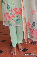 Pastel Mint Lotus Bloom  Salwar Set with Zari Border Dupatta 3 pcs set | G - 021