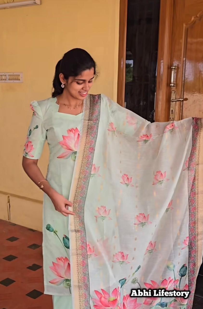 Pastel Mint Lotus Bloom  Salwar Set with Zari Border Dupatta 3 pcs set | G - 021