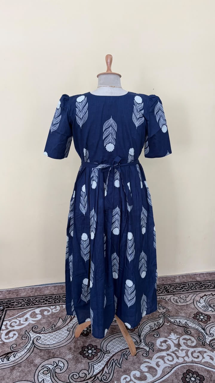 Navy Blue Hand Block Style Leaf & Flower Print Cotton Gown Dress for Women | B -016