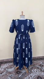 Navy Blue Hand Block Style Leaf & Flower Print Cotton Gown Dress for Women | B -016