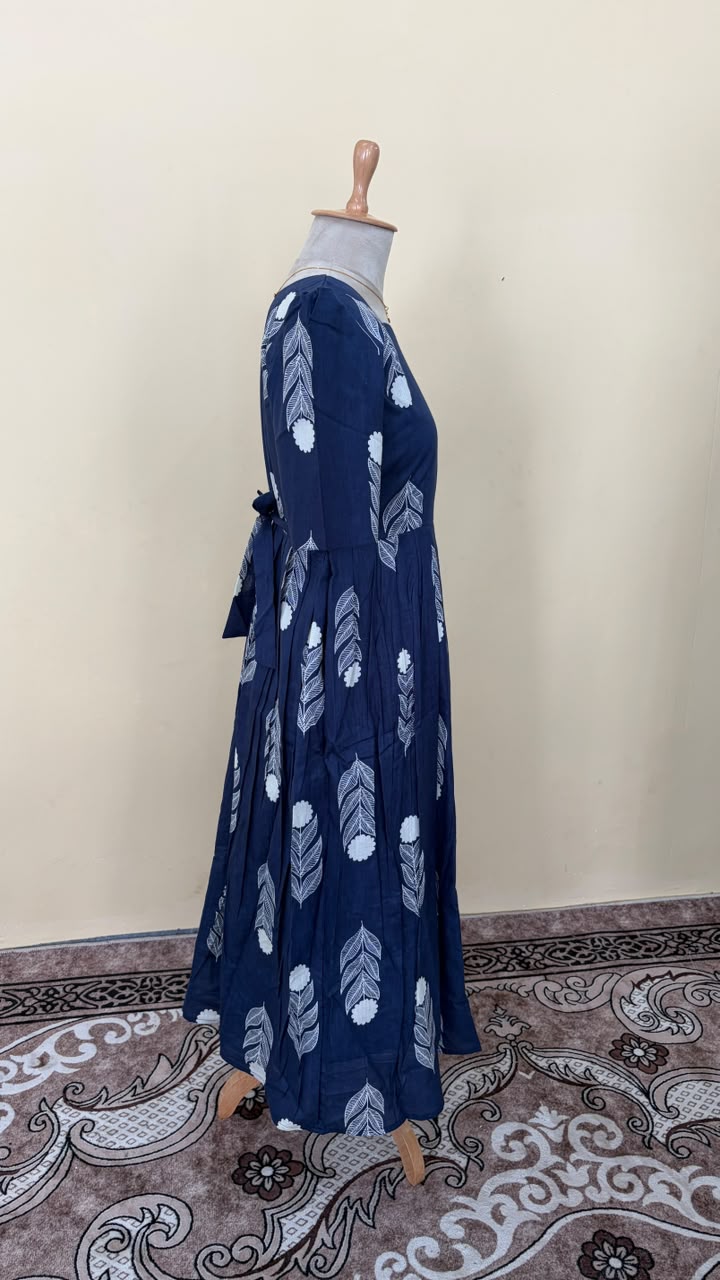 Navy Blue Hand Block Style Leaf & Flower Print Cotton Gown Dress for Women | B -016