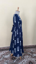 Navy Blue Hand Block Style Leaf & Flower Print Cotton Gown Dress for Women | B -016