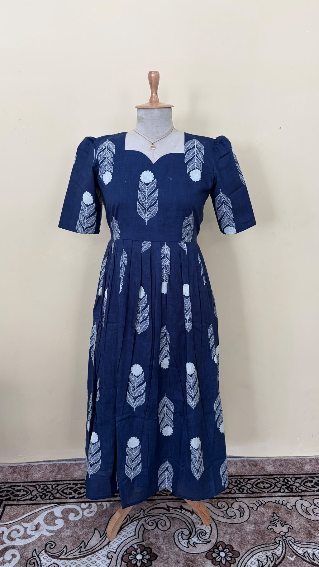 Navy Blue Hand Block Style Leaf & Flower Print Cotton Gown Dress for Women | B -016