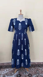 Navy Blue Hand Block Style Leaf & Flower Print Cotton Gown Dress for Women | B -016