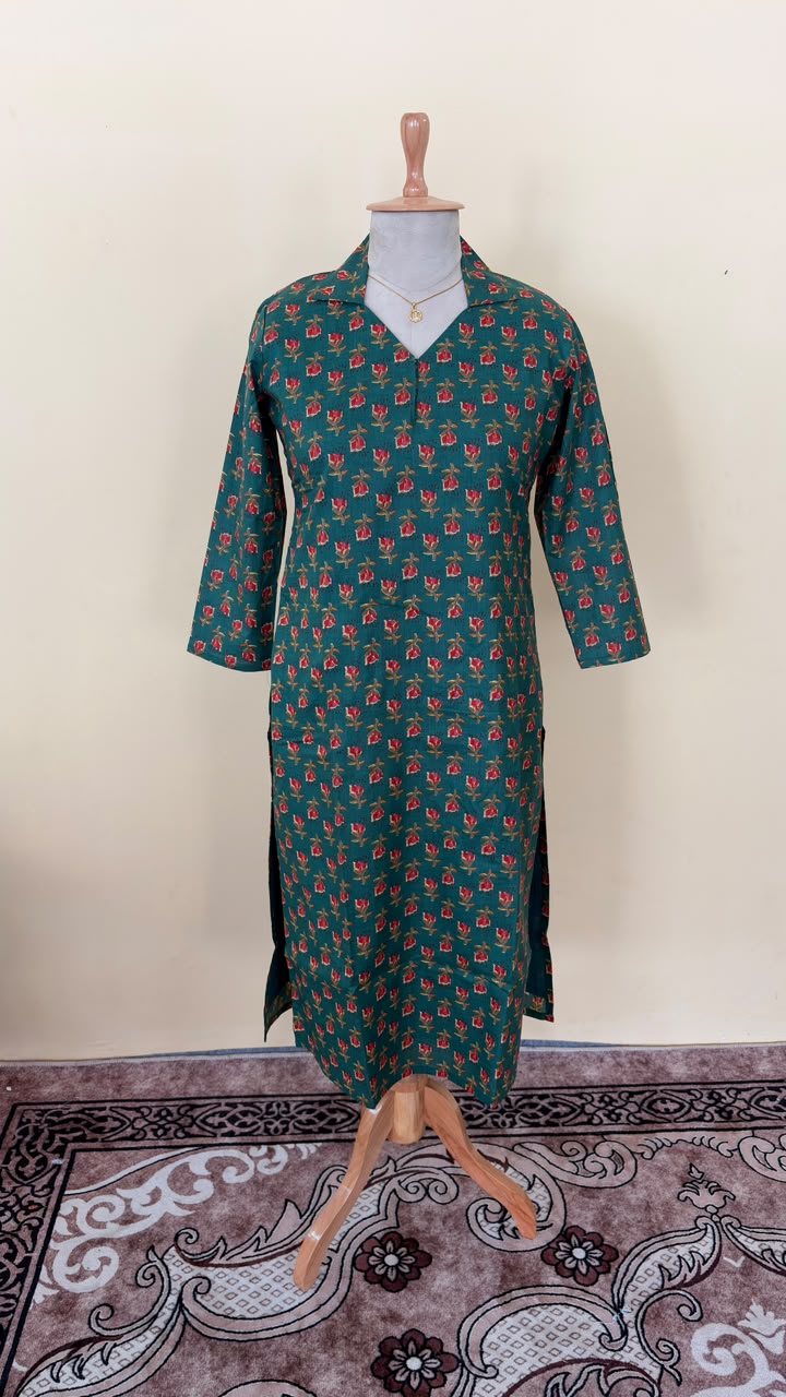 Emerald Green Floral Print Kurti Top