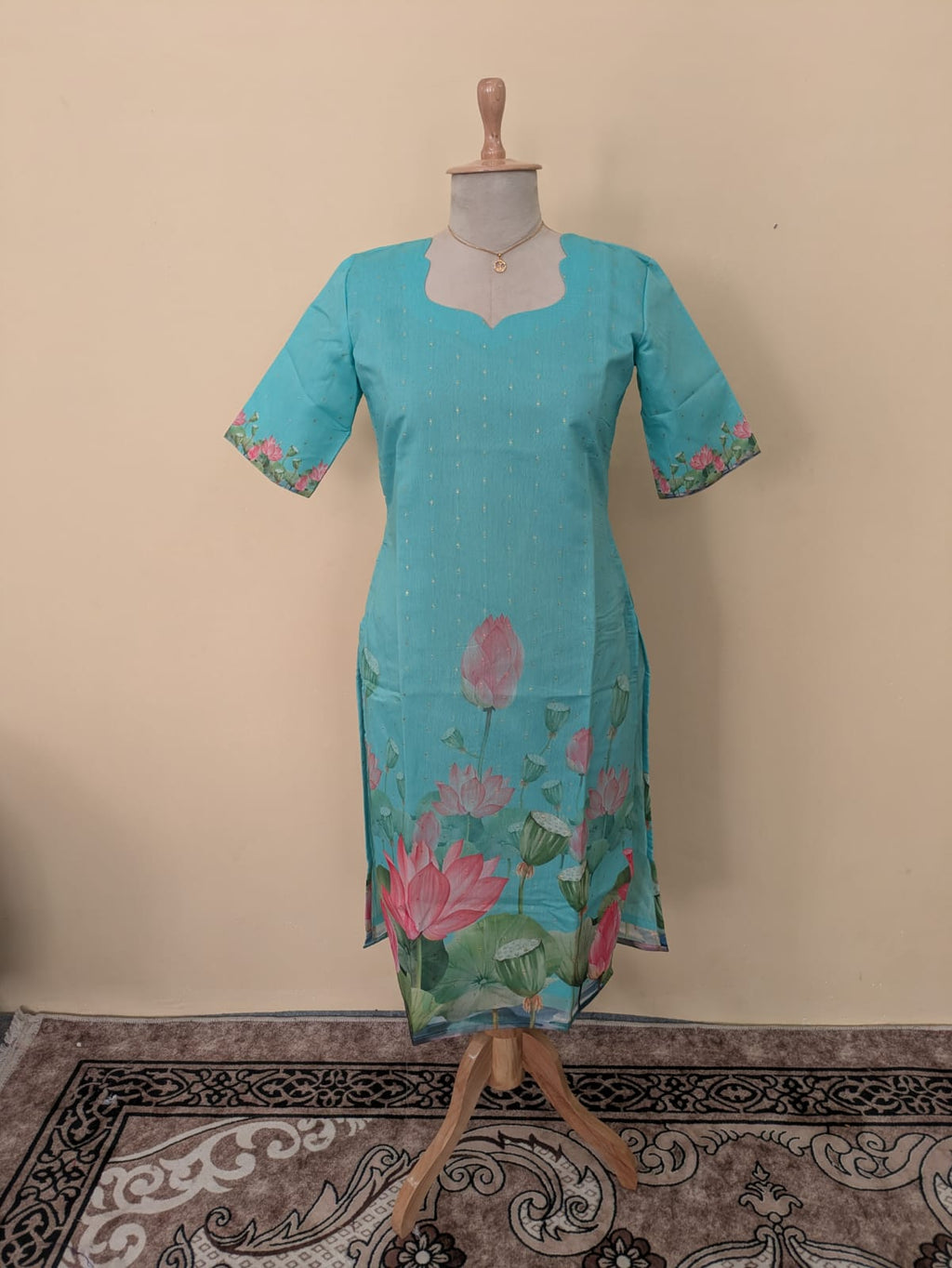 Aqua Bloom Lotus Pond Print Kurta Top with Gold Zari Border Lotus Chiffon Dupatta