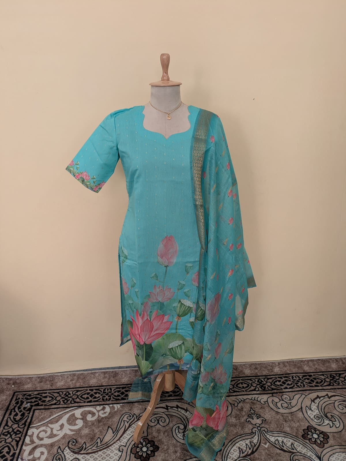 Aqua Bloom Lotus Pond Print Kurta Top with Gold Zari Border Lotus Chiffon Dupatta