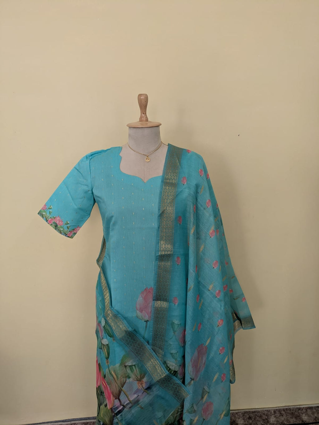 Aqua Bloom Lotus Pond Print Kurta Top with Gold Zari Border Lotus Chiffon Dupatta