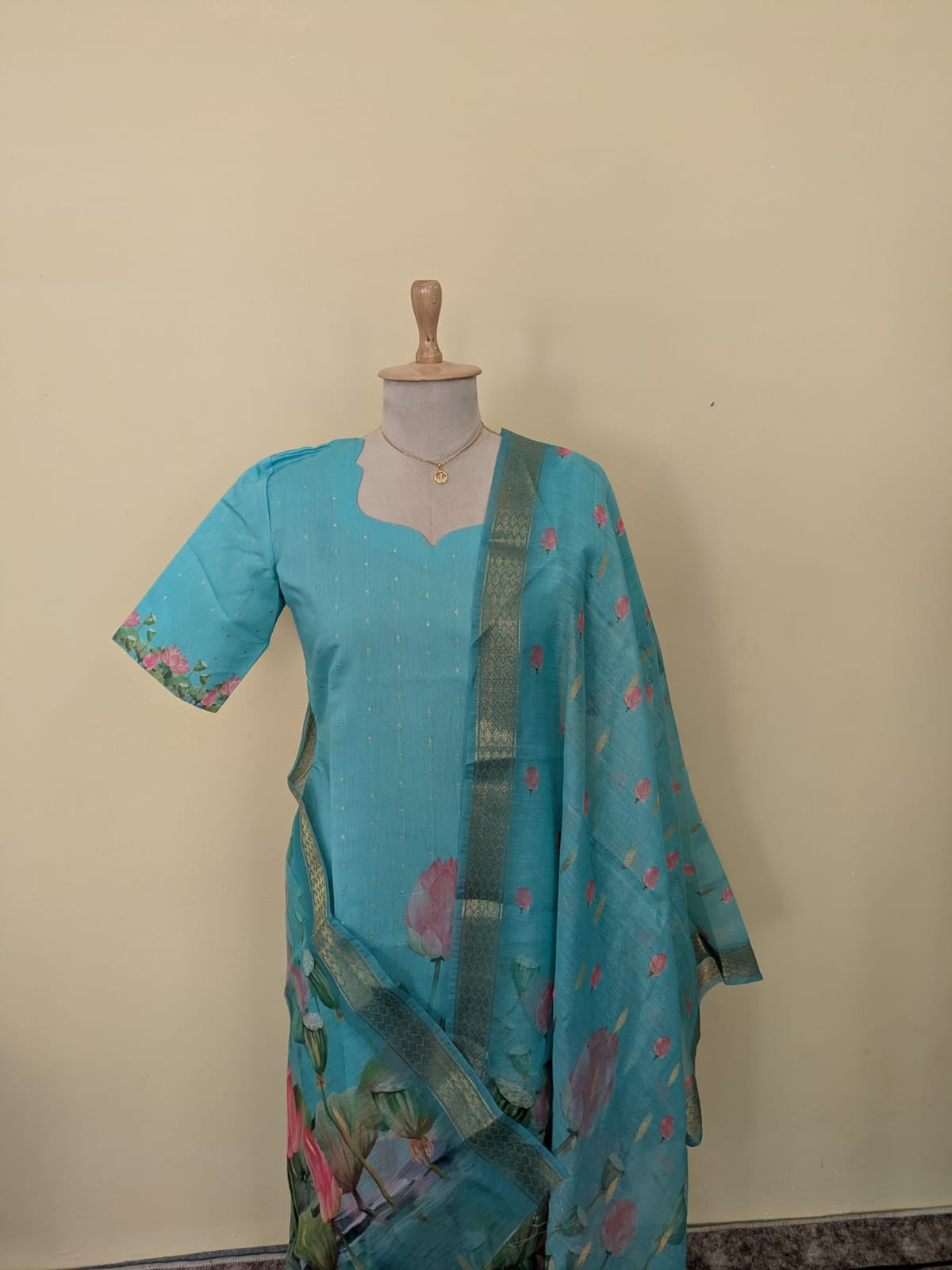Aqua Bloom Lotus Pond Print Kurta Top with Gold Zari Border Lotus Chiffon Dupatta