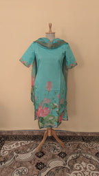 Aqua Bloom Lotus Pond Print Kurta Top with Gold Zari Border Lotus Chiffon Dupatta