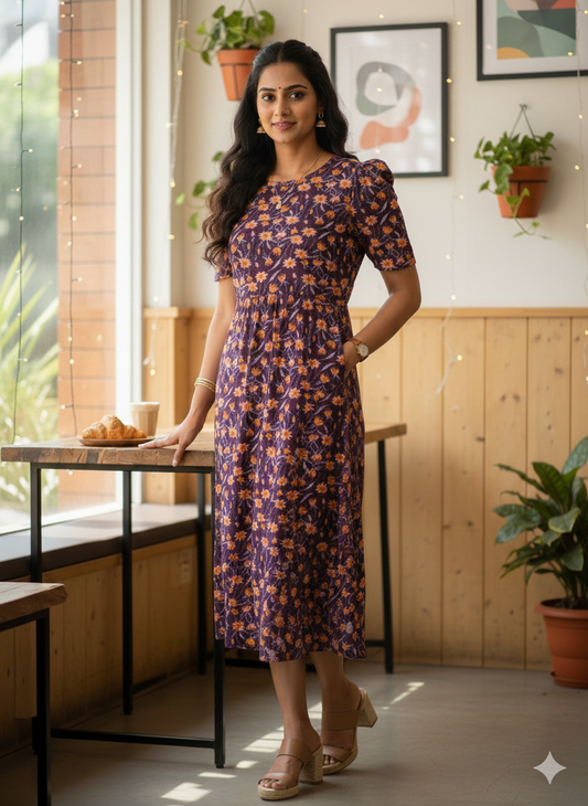 Capri Feeding Wear with Puff Sleeve Wine Flower