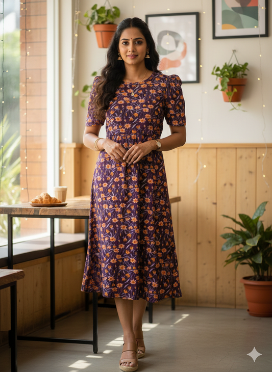 Capri Feeding Wear with Puff Sleeve Wine Flower