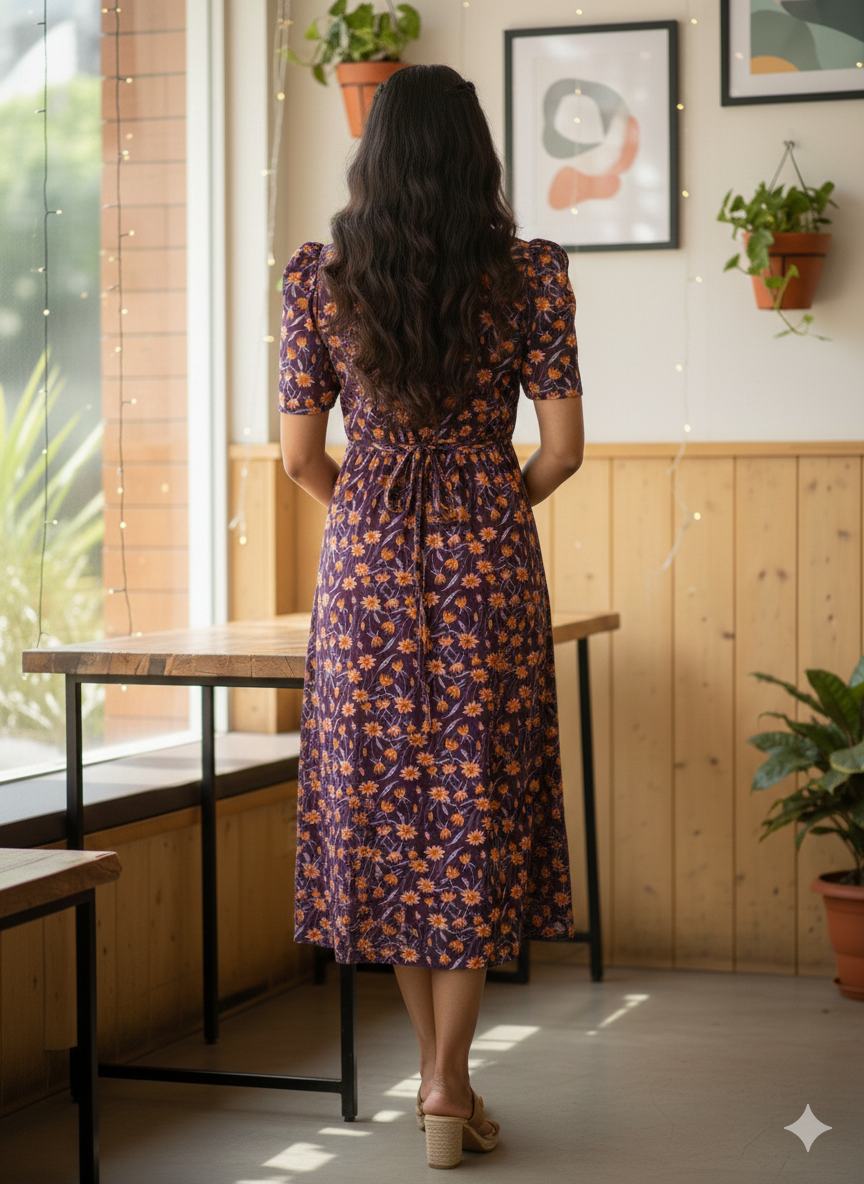 Capri Feeding Wear with Puff Sleeve Wine Flower