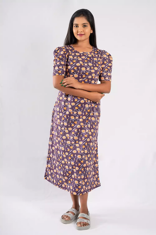 Capri Feeding Wear with Puff Sleeve Wine Flower