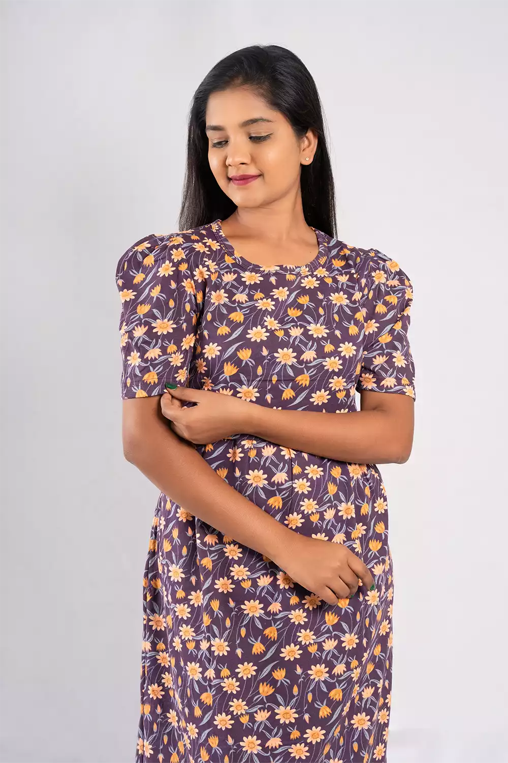 Capri Feeding Wear with Puff Sleeve Wine Flower