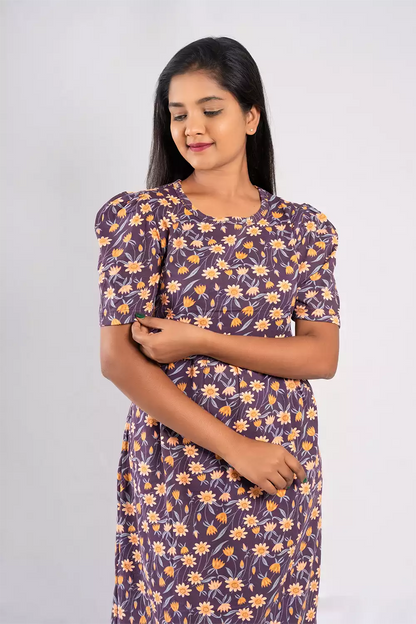 Capri Feeding Wear with Puff Sleeve Wine Flower