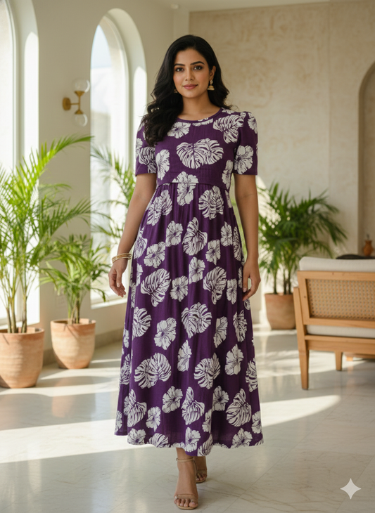 Zipless Feeding Maternity Wear without Puff Sleeve Purple White Leaf