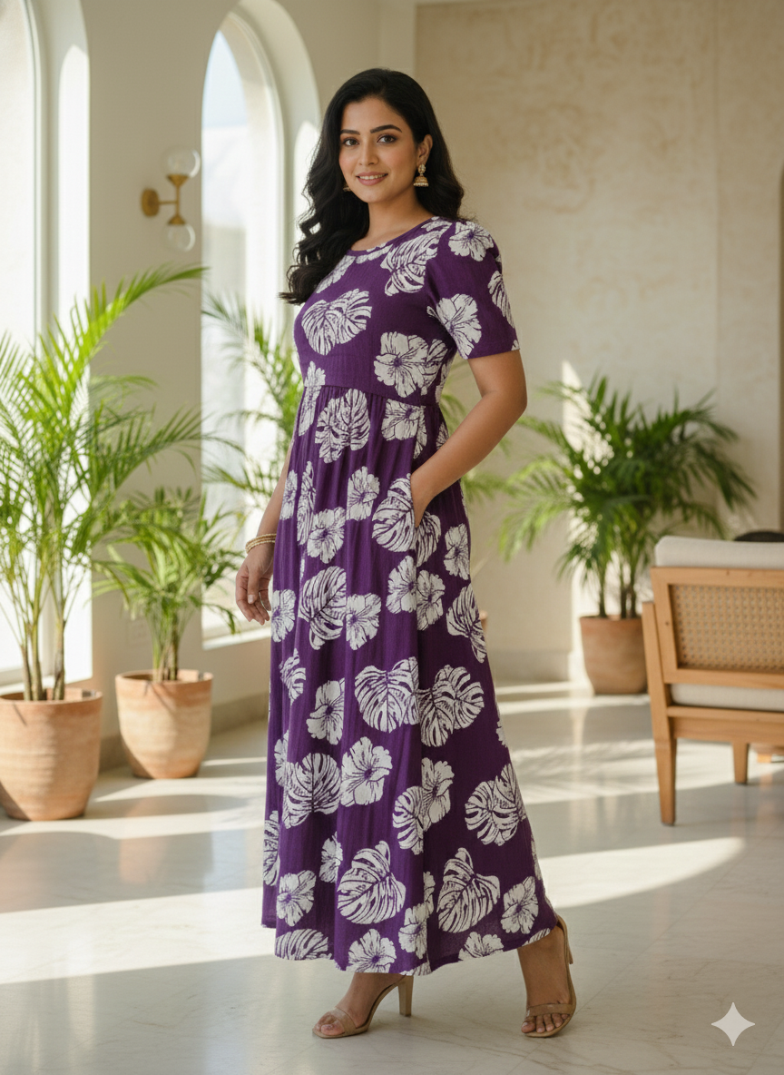 Zipless Feeding Maternity Wear without Puff Sleeve Purple White Leaf