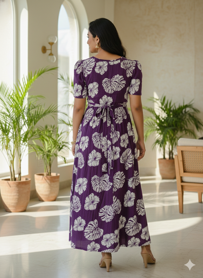 Zipless Feeding Maternity Wear without Puff Sleeve Purple White Leaf