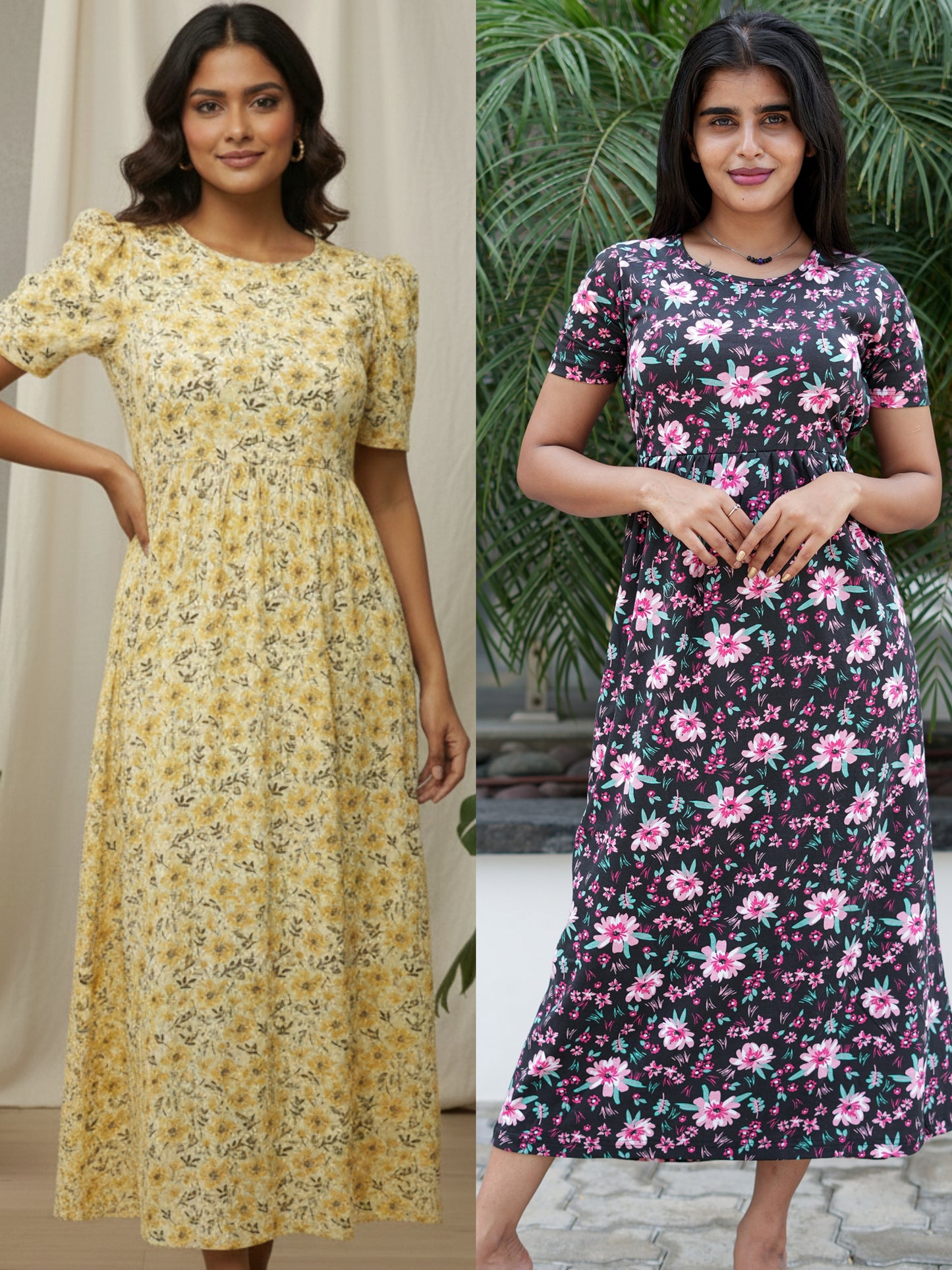 Women’s Printed White Yellow Floral &Black pink Floral Maxi Dress Combo