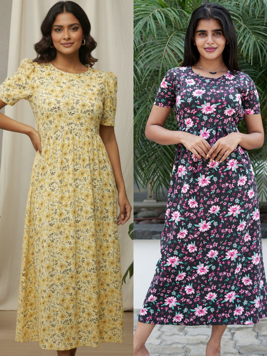 Women’s Printed White Yellow Floral &Black pink Floral Maxi Dress Combo