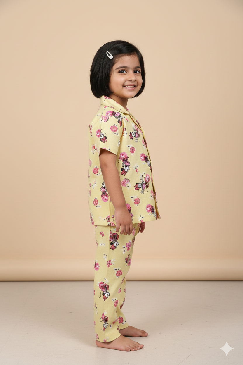 Kids All over printed night suit pack of 3 red Rainbow  yellow mickey and  Brown Daisy