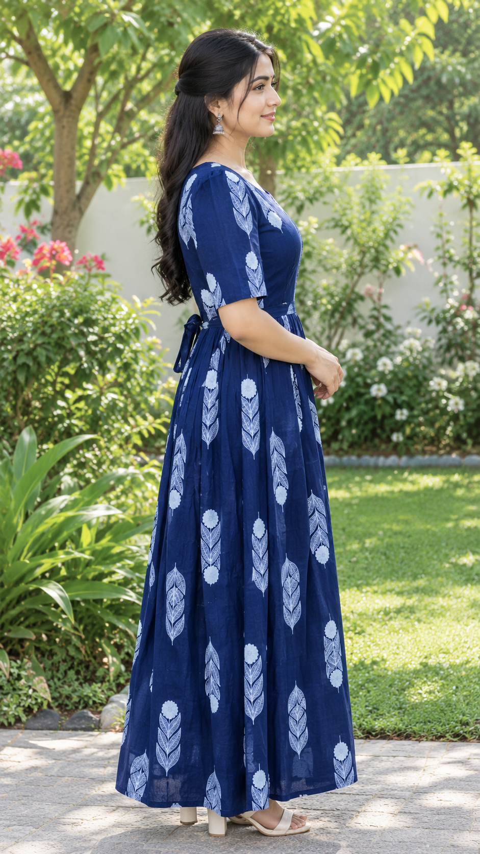 Navy Blue Hand Block Style Leaf & Flower Print Cotton Gown Dress for Women | B -016