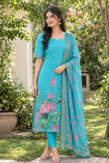 Aqua Bloom Lotus Pond Print Kurta Top with Gold Zari Border Lotus Chiffon Dupatta