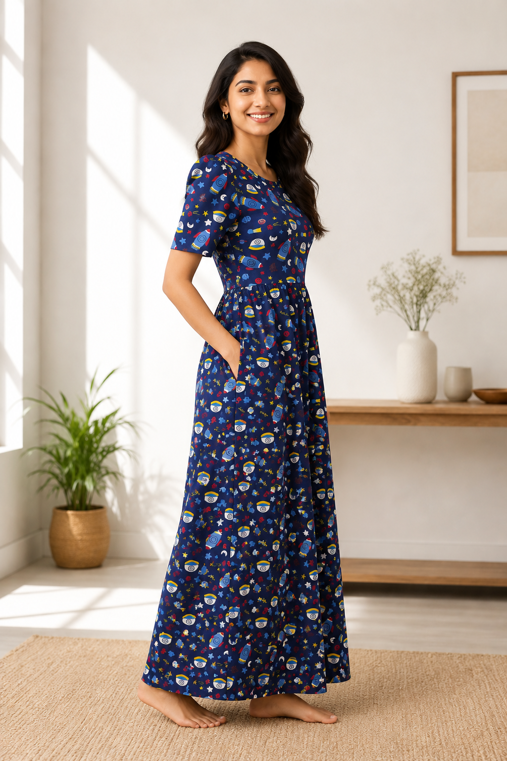 Zipless Feeding Maternity Gown Navy Space- Puff sleeve 52 inches