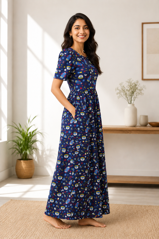 Zipless Feeding Maternity Gown Navy Space- Puff sleeve 52 inches