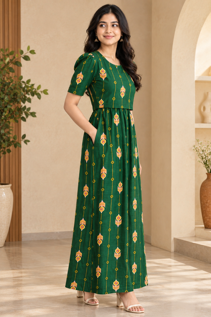 Zipless Feeding Maternity Gown Green Festoon- Puff sleeve 52 inches