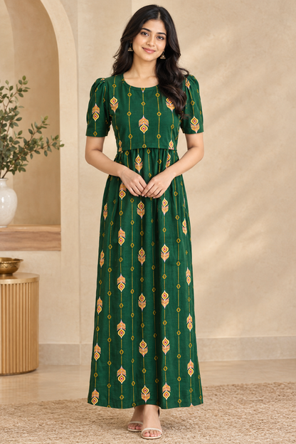 Zipless Feeding Maternity Gown Green Festoon- Puff sleeve 52 inches