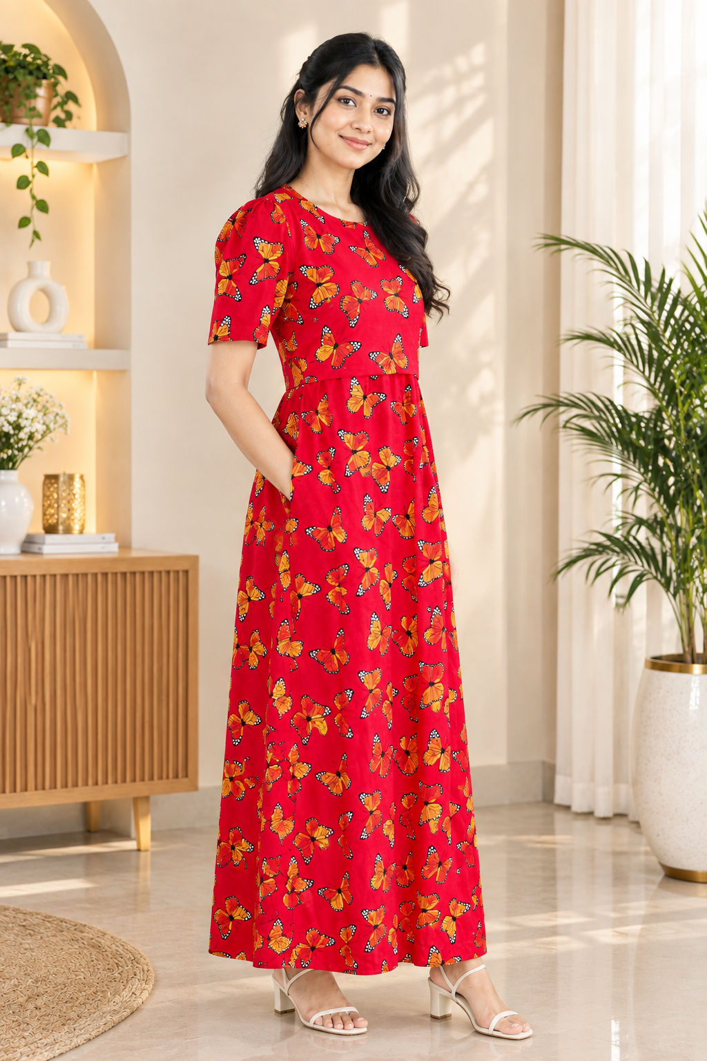 Zipless Feeding Maternity Gown Red Butterfly - Puff sleeve 52 inches