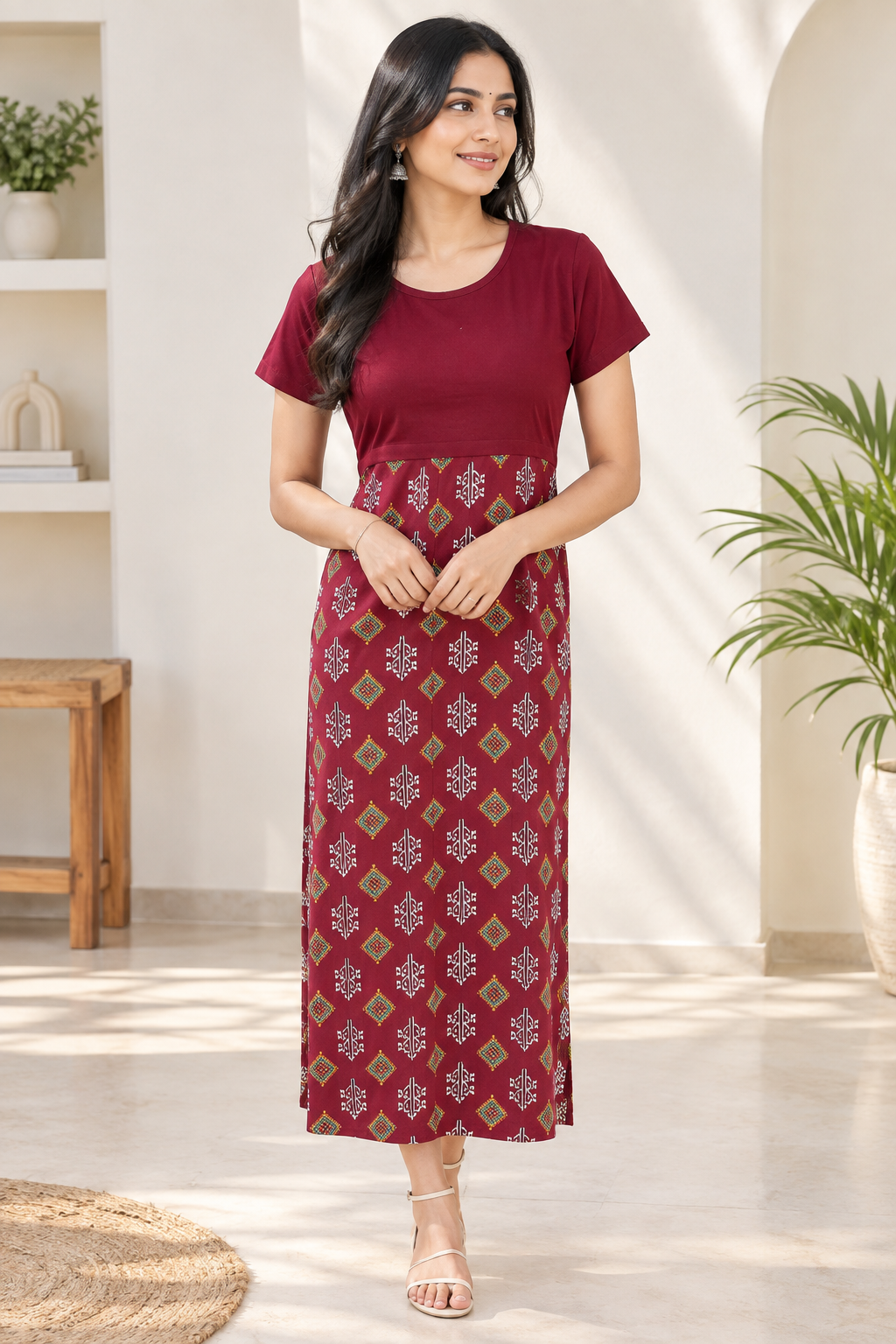 Capri Feeding Wear without Puff Sleeve Plain Chili Red