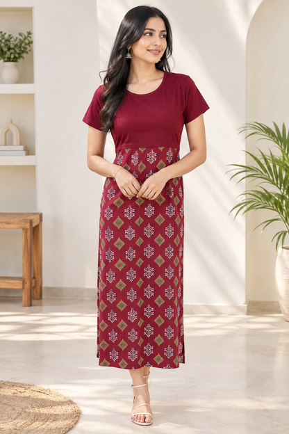 Capri Feeding Wear without Puff Sleeve Plain Chili Red