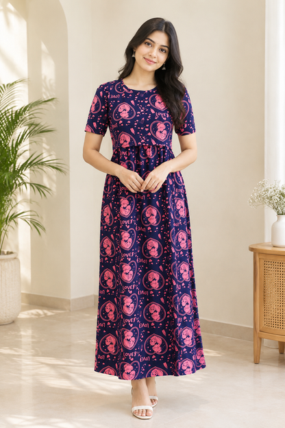 Zipless Feeding Maternity Gown Purple Mummy Baby - Puff sleeve 52 inches