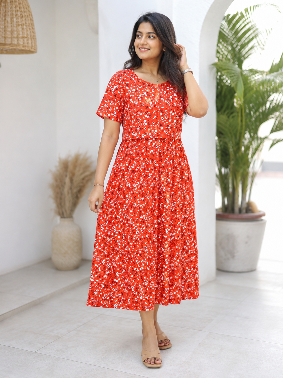 Zipless Feeding Maternity Wear without Puff Sleeve Orange White