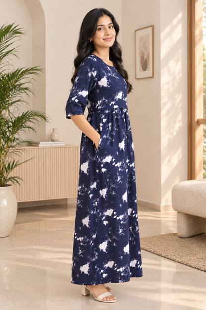 Zipless Feeding Mid Sleeves Blue mango leaf Full Length 52 inches