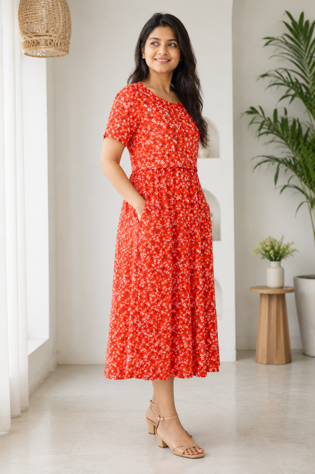 Zipless Feeding Maternity Wear without Puff Sleeve Orange White