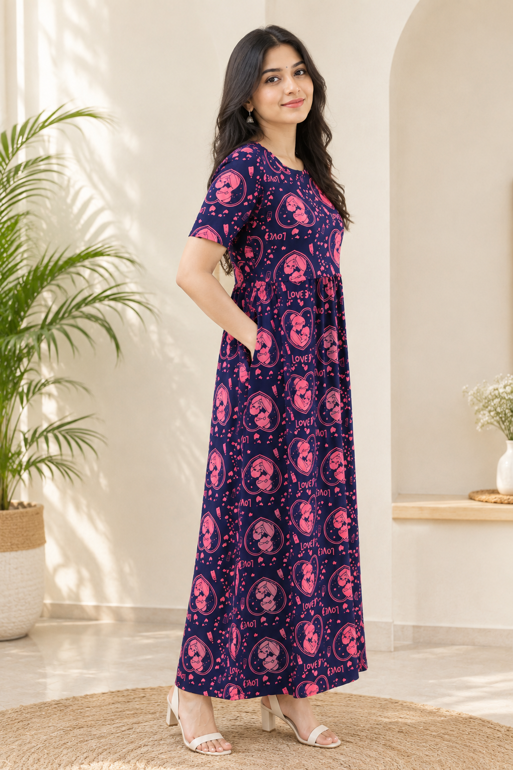 Zipless Feeding Maternity Gown Purple Mummy Baby - Puff sleeve 52 inches