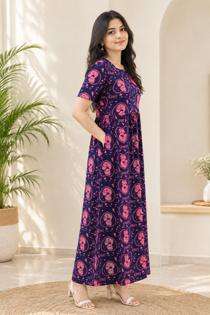 Zipless Feeding Maternity Gown Purple Mummy Baby - Puff sleeve 52 inches